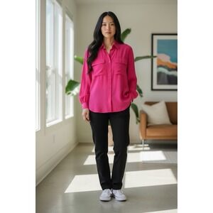 Liz Claiborne Collection Silk Blouse Fuchsia Camp Shirt Career Top Women's M